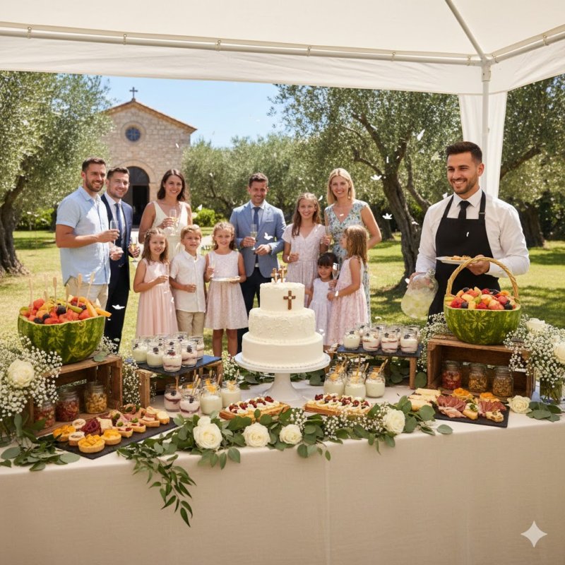 Buffet de baptême Le Nectar : réception en extérieur avec pièce montée à Libourne.