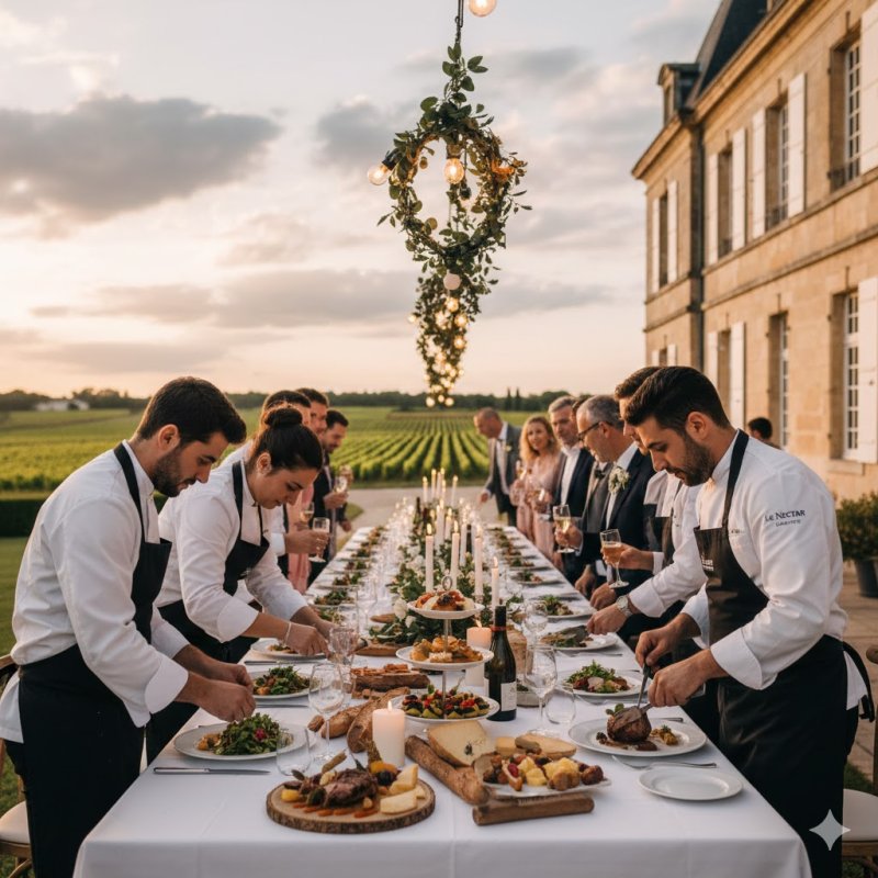 Réception de mariage dans un château viticole à Libourne avec service traiteur gastronomique Le Nectar.